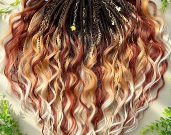 Honey Flame – Ombre Synthetic DE Dreads With Curly Ends, Ginger Blonde Fantasy Braids, Handmade Beads, Boho Hair Extensions Dreadlock Copper