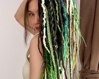 Green Ombre Dreads Extensions, Brown Forest DE Dreadlock, Full Color Mix Set, Boho Custom SE Braids, Teal Emerald Accent Dread, Nature Vibes