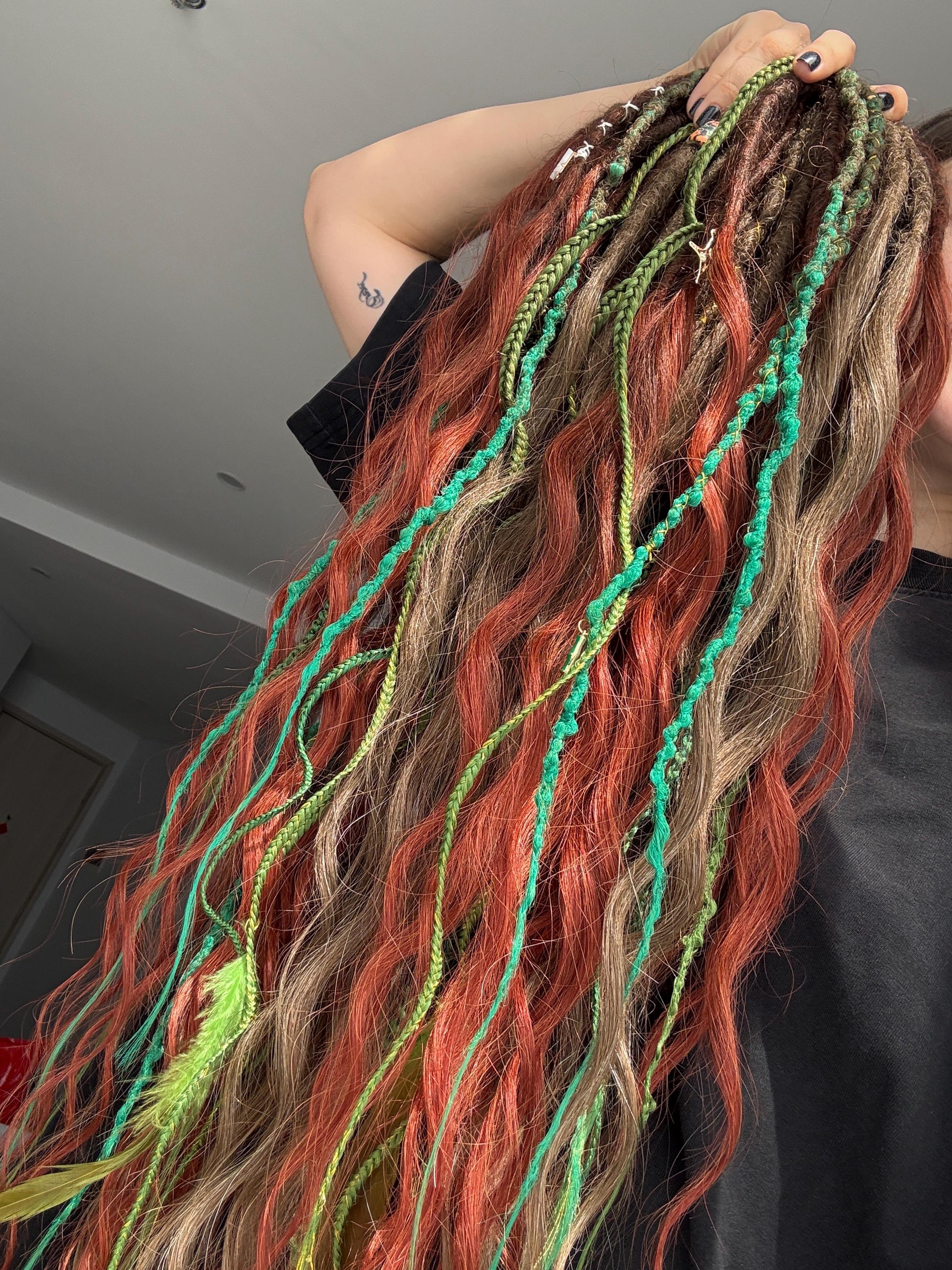 Ember Grove Dreads • Red, Green, Ginger, Brown DE Set with Curls • Copper Forest Fantasy Hair • Braids Faux Dreads Festival Boho