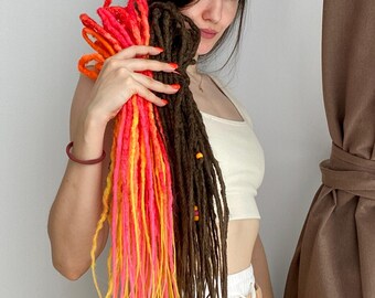 Foxy Sunset Dreadlocks, Brown, Pink, Orange Yellow DE Dreadlocks, Color Mix Full Set, Boho SE Custom Dreadlocks, Bold Accent Hair Extensions
