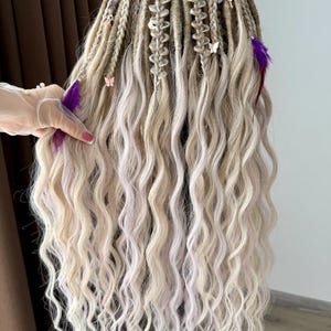 Dreadlock Set Blonde, Lavender Boho with Curls: Moon Charms, Braids & Polymer Clay Beads
