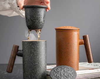 Japanese Tea Infuser Mug Set with Coaster – Handmade Ceramic Cup with Wooden Handle | Modern Minimalist Stoneware Gift for Tea Lovers
