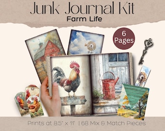 Landleben Junk Journal mit Folio Kit, Hahn Bündel, Landpferd & Rinder, Bauernhoftiere, Digitale Papiere, Aquarell Bauernhaus Ephemera