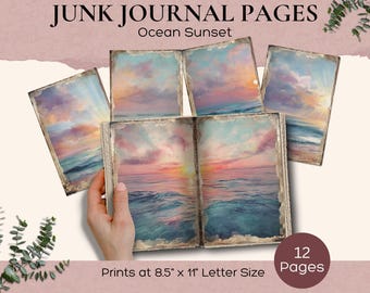 Ocean Sunset Beach Junk Journal Pages, Digital Paper Set Sunrise Beach, Ocean Purple Blue and Pink Pages