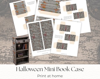 Könnte beinhalten: Ein druckbares Bastelset für ein Halloween-Mini-Bücherregal mit Bögen aus holztexturierten Paneelen, Regalteilen und Montageanleitungen. Das fertige Miniatur-Bücherregal enthält eine Schublade und Regale mit kleinen Büchern und einer Vampirbüste.