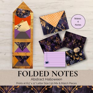 May include: Folded notes with an abstract Halloween theme. The set includes a wooden holder with orange and purple envelopes, and individual notes with a spider and bat design. The text reads "Makes 4 Notes".