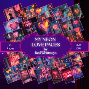 My Neon Valentines, 24 páginas de papel para álbum de recortes digital, 11 x 8,5 pulgadas, para imprimir en acuarela neón, estilo retro, rosa brillante y morado