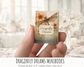Printable Mini Book Set – 4 Pink and Gold Dragonfly Pond Miniature Books with Pastel Florals, Water pond C004