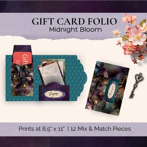 May include: A gift card folio with a floral design, labelled "Midnight Bloom." The folio is teal with a honeycomb pattern and includes a pocket for a gift card and a separate card. The image also shows a decorative key and a card that prints at 21.6 cm x 27.9 cm.