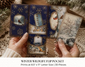 Printbare insteekhoesjes met winterse dieren | Kerstversiering voor je junk journal | Insteekhoesjes met besneeuwde bossen | Digitale set van 30 stuks
