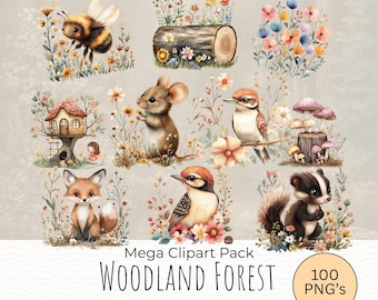 Woodland Animals Clipart Bundle, Cute Forest Animals PNG, Watercolor Woodland Animals Baby Shower, Forest Babies, Nursery Woodland Decor