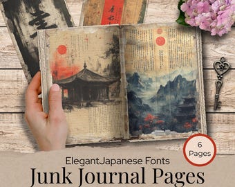 Pagine di junk journal in stile giapponese vintage - Pagine di junk journal con caratteri eleganti, sfondo asiatico, foglio collage stampabile, stampe orientali