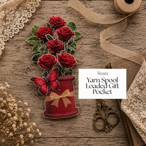 Roses Bouquet Yarn Spool Pocket – Printable Loaded Tag Gift Card | Red Floral Ephemera Kit | Junk Journal Insert Kit