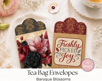 Sobres para bolsitas de té, sobres para bolsitas de té con estampado floral rojo oscuro y negro, imprimibles para fiestas de té, álbumes de recortes, correo alegre, regalos de té, detalles para bodas