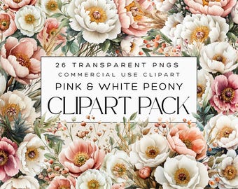 16 PNG Watercolor Pink and White Peony Clipart, Blush Peony, Watercolor Floral Clipart, Wedding Clipart, Floral Bouquet, Commerical License