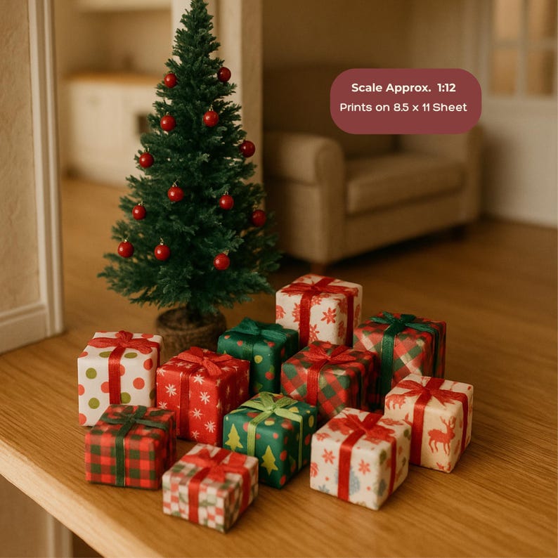 Miniature Dollhouse Christmas Boxes, Charming Festive Decor, Printable for Dollhouse Accessories, Holiday Miniatures for Dollhouses, 1:12 image 6