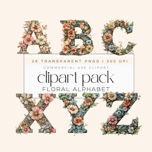 Floral Alphabet Clipart, Letter Monogram, Floral Initial, Alphabet PNG, A-Z Floral Letters, Nursery Decor Scrapbooking Commercial Use