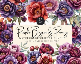 Watercolor Floral Clipart, Purple Peonies Clipart, Boho Flowers Clipart, Autumn Florals, Elegant Bohemian Flowers, Burgundy Peony, PNG