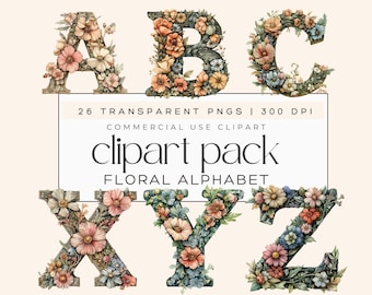 Floral Alphabet Clipart, Letter Monogram, Floral Initial, Alphabet PNG, A-Z Floral Letters, Nursery Decor Scrapbooking Commercial Use