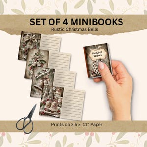 May include: A set of four mini-books with rustic Christmas bell designs, accompanied by lined paper and a pair of scissors. The text reads "SET OF 4 MINIBOOKS" and "Rustic Christmas Bells". The prints are on 8.5 x 11" paper.