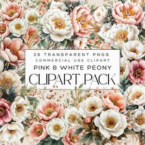 16 PNG Watercolor Pink and White Peony Clipart, Blush Peony, Watercolor Floral Clipart, Wedding Clipart, Floral Bouquet, Commerical License