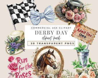 May include: A digital clipart collection featuring a checkered flag, blue and white striped bow, floral hats, a horse portrait in a gold frame, a mint julep, and roses. Text includes Commercial Use Clipart, Derby Day, 30 Transparent PNGs, Admit One, and Run for the Roses.