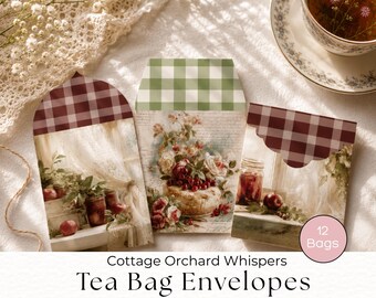 Sobres para bolsitas de té, sobres para bolsitas de té con diseño de huertos de manzanas estilo cottagecore, imprimibles para fiestas de té, diario creativo, correo feliz, regalos de té, C003