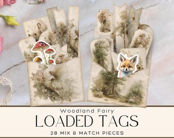 Vintage Botanical Loaded Tags, Woodland Animals and Fairy Vintage Printable Ephemera, Junk Journal Kit, Digital Download Floral Collage