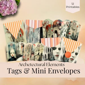 Tags d'éléments architecturaux et mini enveloppes, éphémères de journal indésirable, collage gothique vintage, esthétique de scrapbooking, téléchargement numérique, JJ197
