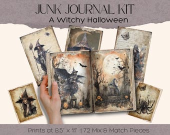 以下が含まれることがあります： ジャンクジャーナルキット A Witchy Halloween 21.59cm x 27.94cmのプリント72枚セット。魔女、満月、コウモリ、カボチャのイラストが描かれた開いた本と、クモや魔女が描かれた個別のカードが周囲に配置されています。
