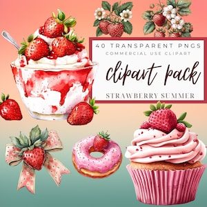 Clipart de fresa de acuarela, clipart de primer cumpleaños con bayas, clipart de lazo de fresa, clipart de postre de fresa, baby shower, clipart de frutas