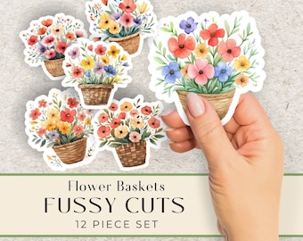 Flower Baskets Fussy Cuts, Printable Stickers, Junk Journal Kit, Printable Ephemera, Scrapbooking Supplies, Collage Sheets, Card Making