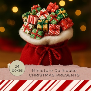 May include: A red felt bag overflowing with miniature Christmas presents. The presents are small, square boxes wrapped in various festive papers with red, green, and yellow ribbons. The text reads "24 Boxes Miniature Dollhouse Christmas Presents."