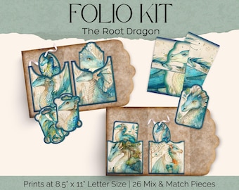 Blue and Green Dragon Folio Wallet Junk Journal Kit | Root Dragon, Earth Dragon | Scalloped Edge Fancy Folio Digital Download