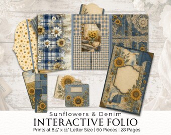 Sunflower and Denim Interactive Folio Printable, Junk Journal Kit, No Sew Journal, Digital Download, Farmhouse Ephemera, 2026