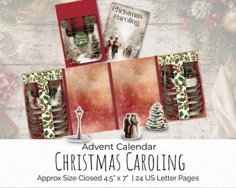 Christmas Caroling Advent Folio Calendar Kit, Daily December Vintage Christmas Countdown for Winter Junk Journal