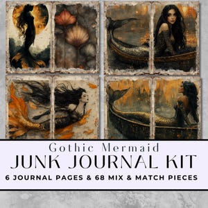 Gothic dunkle Meerjungfrau Junk Journal Seiten, Dark Siren Scrapbook Papier, dunkel Collage Sheet schwarz und Gold Meer druckbare Marine digitaler Download