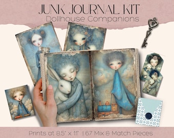 May include: A junk journal kit titled Dollhouse Companions featuring 67 mix and match pieces that print at 8.5 inches by 11 inches. The kit includes illustrated paper sheets with blue-toned characters, a metal key, and patterned envelopes.
