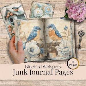 Vintage Blue Birds ongewenste dagboekpagina's - digitale scrapbookkit, neutraalblauwe postzegels en ephemera om te knutselen