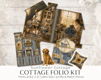 Denim & Sunflower Cottage and Barn Printable Kit, Junk Journal Fussy Cuts, Farmhouse Paper Craft, Interactive Cottagecore Folio Kit, 2026