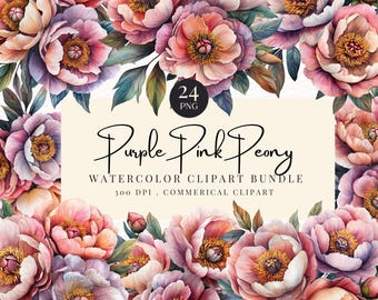 Blush Pink and Purple Peonies Clipart, Boho Flowers Clipart, Summer Floral Elements, Watercolor Floral Clipart, Commerical Clipart