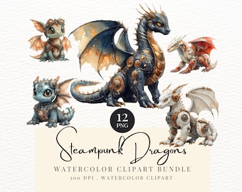 Dragons PNG Bundle, Cute Dragon, Steampunk Dragon, Watercolor Dragon, Dragon Clipart, Clipart Bundle, High-Resolution, Commercial Use