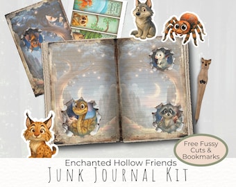 Junk Journal Kit met bosdieren voor kinderen, bladwijzers, knipsels, betoverende bosscène, ephemera, mini-kit