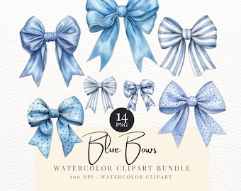 Blue Bow Clipart, Watercolor Bows, Coquette Bows Clipart, Blue Ribbon PNG, Baby Shower Clipart, Pastel Blue Bow