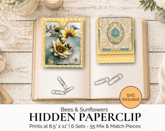 Honey Bees and Sunflowers Hidden Paperclips, Printable Ephemera for Honey Bee Junk Journal Kit and Folio, Journal Supply, Paperclip Bookmark
