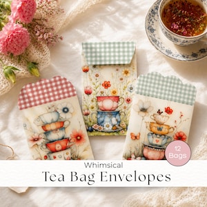 Tea Bag Envelopes, Whimsical Tea Cup Tea Bag Envelopes, Tea Party Printable, Junk Journal, Tea Gifts, Stacked Crooked Cups