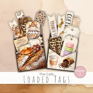 May include: Two paper pockets filled with decorative tags featuring coffee and bakery themes. The tags display illustrations of pancakes, bread, macarons, coffee beans, a cafe storefront, and receipts with text like Miller's Bakery & Cafe and Fresh Bread.