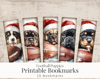 May include: Five rectangular bookmarks featuring illustrations of puppies wearing red and white Santa hats, each resting their chin on a brown leather football. The text reads Football Puppies Printable Bookmarks 15 Bookmarks.