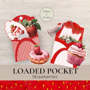 Strawberry Loaded Pockets & Cards, Loaded Pocket Tags, Strawberry Ephemera, Junk Journal Pockets, Embellishments, Pocket Printable Inserts
