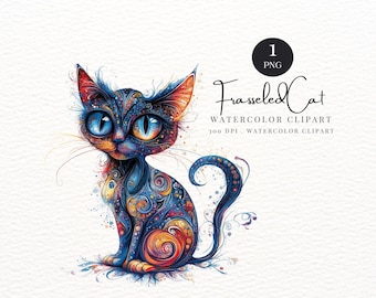 Frazzled Cat Clip Art, High Res Watercolor PNG for Junk Journaling, Scrapbooking, Card Making, Digital Download, Fantasy, Whimsical